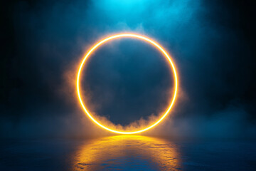 neon yellow ring shrouded in smoke or fog. dark background. glow effect. 3d rendering. gold. modern style. banner illustration