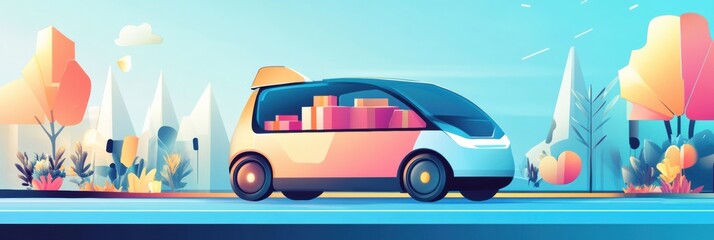 Obraz premium Futuristic eco-friendly delivery car transports groceries through a vibrant landscape with modern design elements