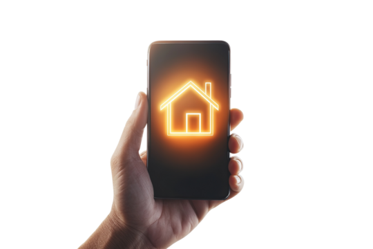 Hand holding smartphone with glowing home icon on screen Isolated cutout on transparent or white background.