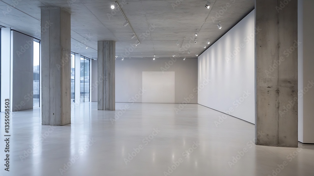 Aufkleber Modern empty art gallery interior featuring concrete pillars and wideopen spaces for exhibitions and displays : Generative AI