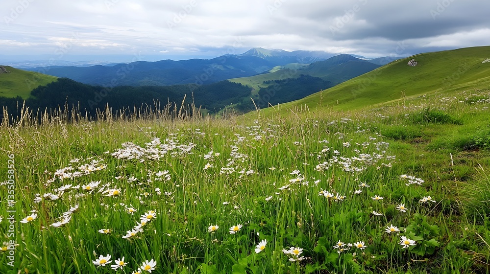 Poster vibrant green mountains adorned with wildflowers under a gloomy cloudy sky creating a picturesque sc