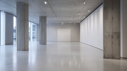 Fototapeta premium Modern empty art gallery interior featuring concrete pillars and wideopen spaces for exhibitions and displays : Generative AI