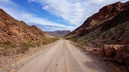 Fototapeta premium Desert landscape with rocky mountains and a dusty road leading into the horizon : Generative AI
