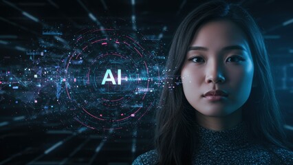 East Asian woman with AI technology interface displays digital innovation in cyberspace. Artificial intelligence and machine learning drive global connectivity.