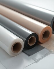Fototapeta premium Rolls transparent, tinted plastic film. Material for packaging, wrapping, industrial, manufacturing. Clear, grey, black, shiny, reflective surfaces. Packaging material, industry production. Closeup