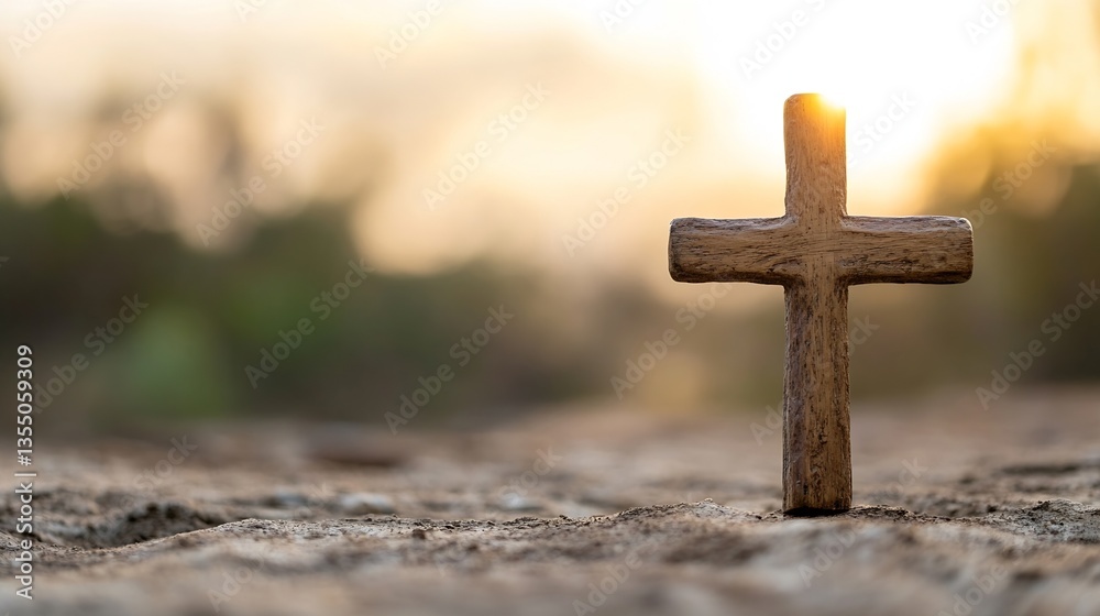 Aufkleber natural wooden cross standing in sunlight against a soft blurred backdrop of nature : generative ai