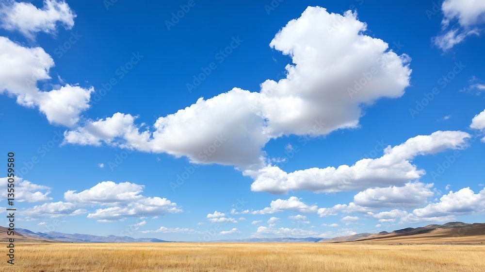 Poster vast open landscape showcasing a beautiful blue sky with fluffy clouds in a tranquil rural setting :