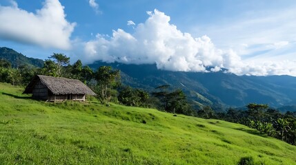 Obraz premium Scenic hillside with a traditional hut surrounded by lush green mountains and clouds : Generative AI