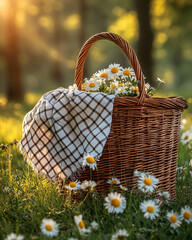 Rustic picnic basket with daisies in a sunlit park  