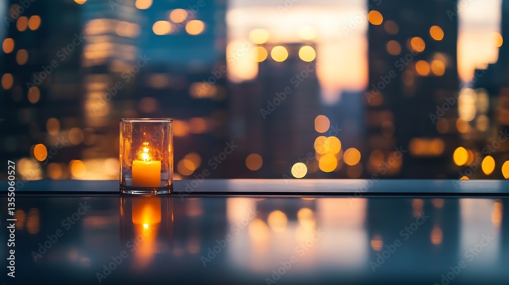Aufkleber candle glowing in glass holder overlooking city skyline with beautiful bokeh lights at twilight : ge