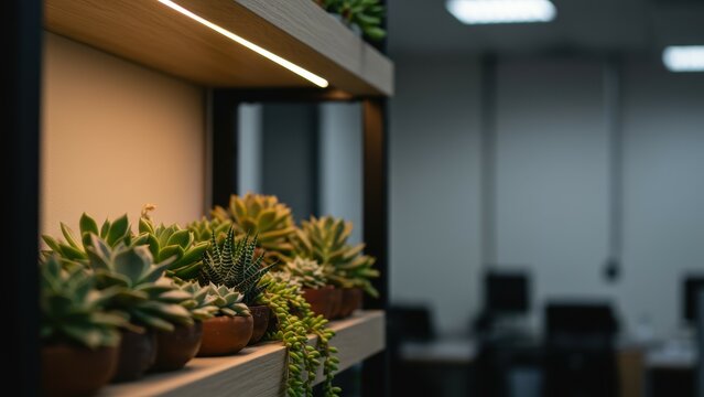 Potted succulents on shelf in office. Natural light, clean aesthetic promote sustainability, wellness, biophilic design. Modern workplace greenery offers calming decor.