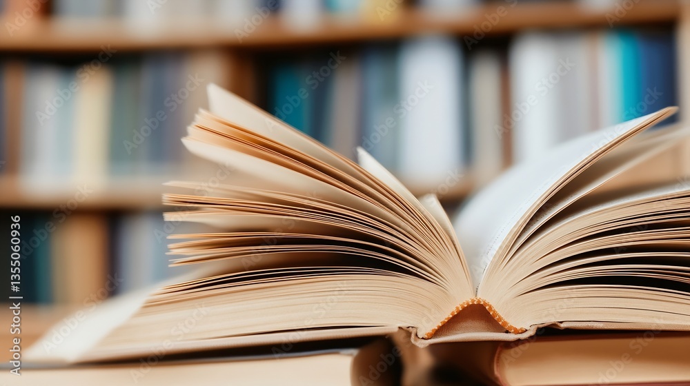 Poster open book with pages fanned out revealing text and contrasting against wooden background : generativ