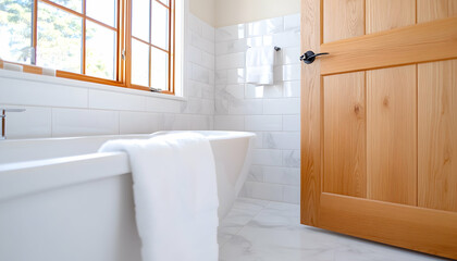 Modern White Bathroom with Wooden Door