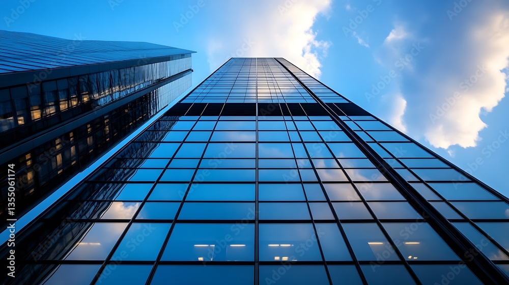 Poster Upward view of modern glass skyscraper reflecting the sky and clouds in an urban setting : Generative AI