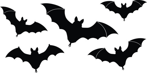 Halloween Bat Collection – Flying Bat Silhouettes in Black for Spooky Night Illustrations and Decorations