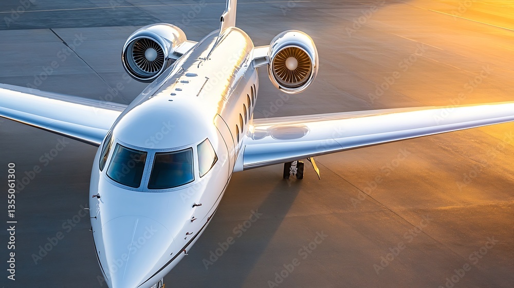 Poster luxurious private jet resting on the runway with sleek design under golden sunset light : generative