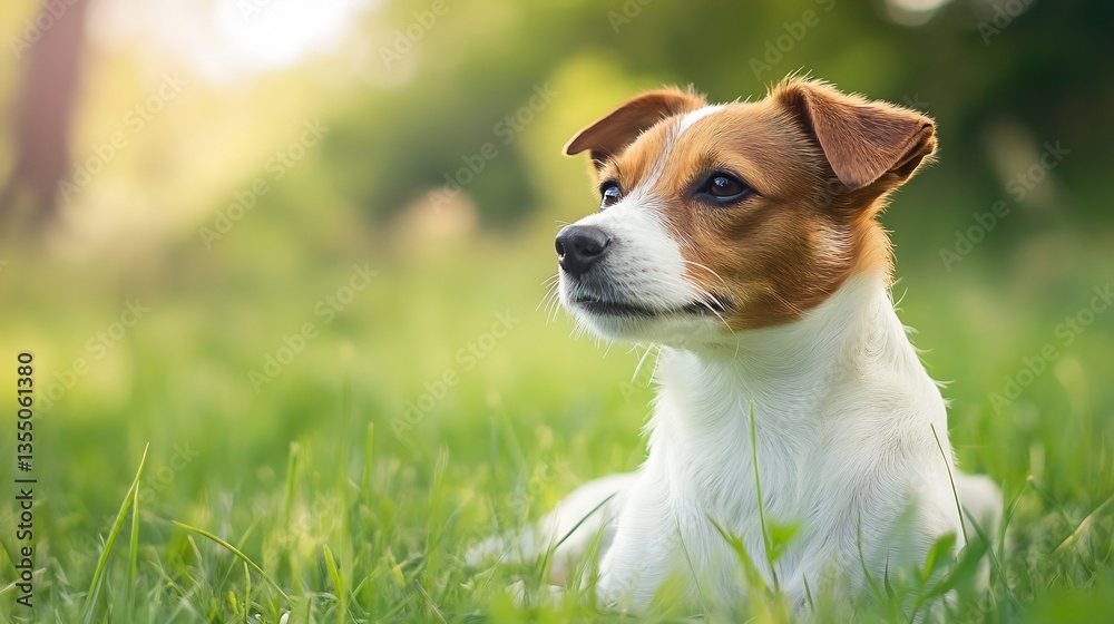 Poster Curious small dog laying in a grassy field with a focused expression on its face : Generative AI