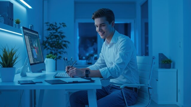 Caucasian young adult male working in office, using computer, writing, and analyzing financial charts. Evening work represents business strategy, success, & achievement.