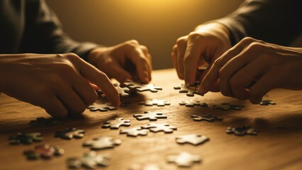 Hands connect jigsaw puzzle pieces on wood table. Teamwork as problem-solving strategy. Joint effort shows collaboration, achieving success through connection.