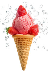 Strawberry ice cream in a cone on Png Format and Transparent Background