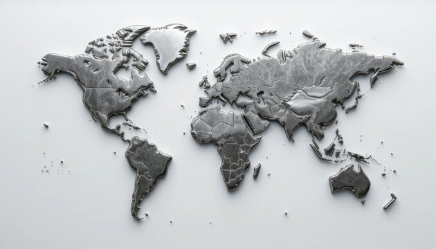 World Map Relief Sculpture in Silver Tone on White Surface