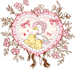 mama goose in Heart  doodle frame set, vector watercolor cute Valentine day border pink heart design. Hand drawn elegant minimal decor collection, romantic shield. Coquette love frame invitation print