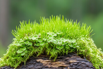 Moss and Grass on Log, Close-up View