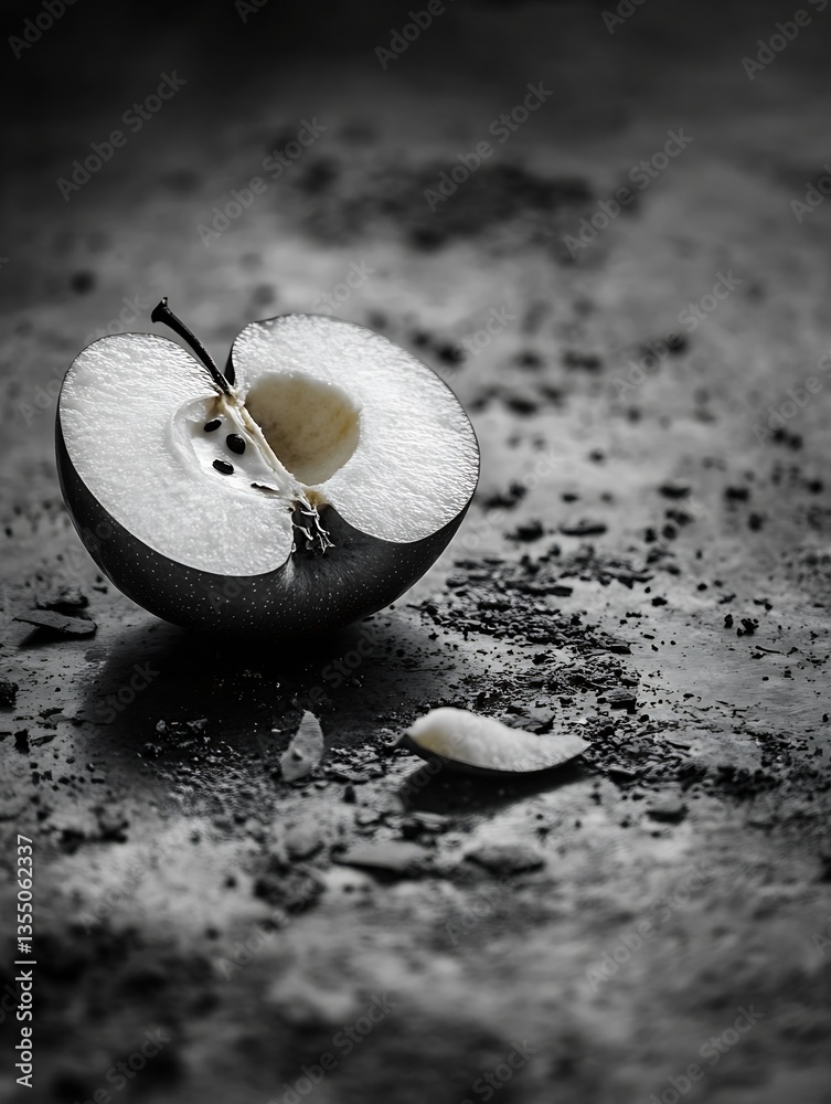 Aufkleber Half Sliced Apple on a Dark Surface with Crumbled Texture in Black and White : Generative AI