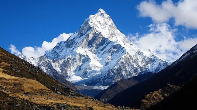 Majestic snowy mountain peak under a clear blue sky with fluffy white clouds in the stunning landscape : Generative AI