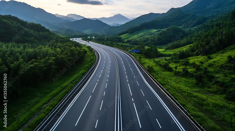 Poster scenic view of a winding highway amidst mountains and lush greenery under a cloudy sky : generative 