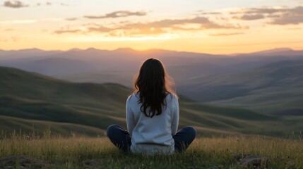 Woman Meditation on a Hilltop During a Breathtaking Sunset Over the Mountains : Generative AI