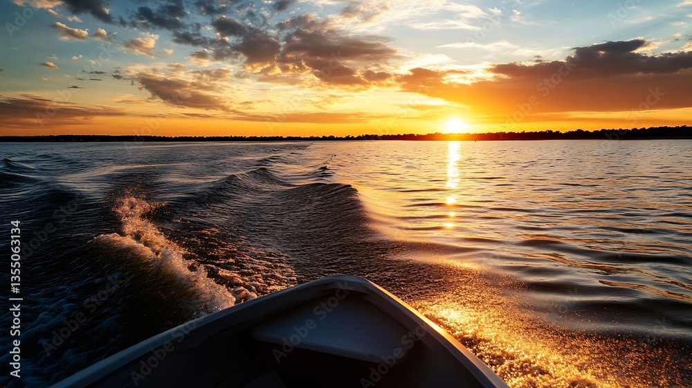 Fototapete Idyllic sunset view from a boat with shimmering water trails and colorful reflections on the surface : Generative AI
