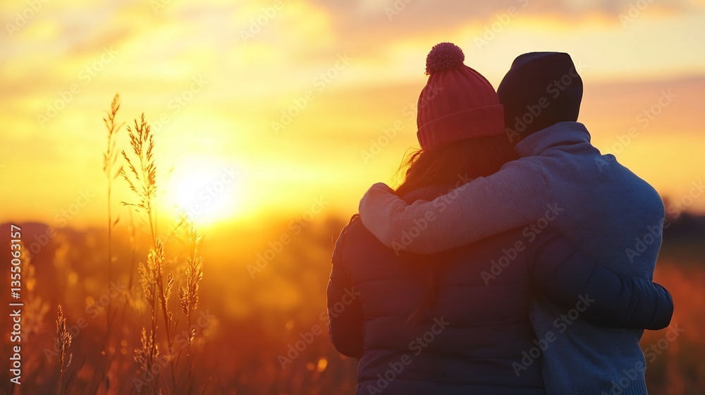 Poster romantic couple embracing while watching a beautiful sunset in a field : generative ai
