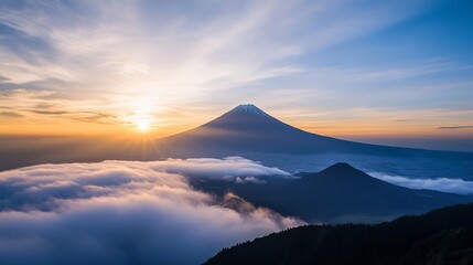 Stunning sunrise view of Mount Fuji illuminated by warm golden light against a clear sky : Generative AI