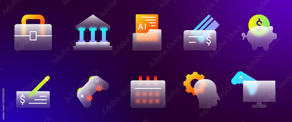 Aufkleber 3d money icons. Glass UI symbols. Web browser logo. Computer joystick. Bank and business technology. Calendar planner. Morphism transparent app signs. Vector interface pictograms set