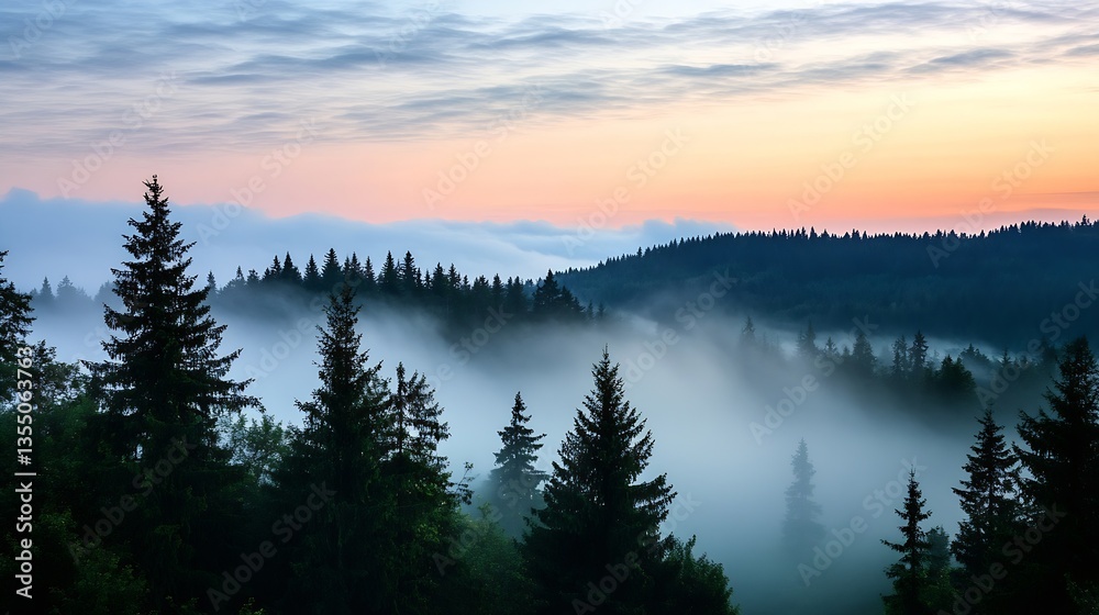 Poster misty forest landscape at sunrise with fog and towering trees creating a serene atmosphere : generat