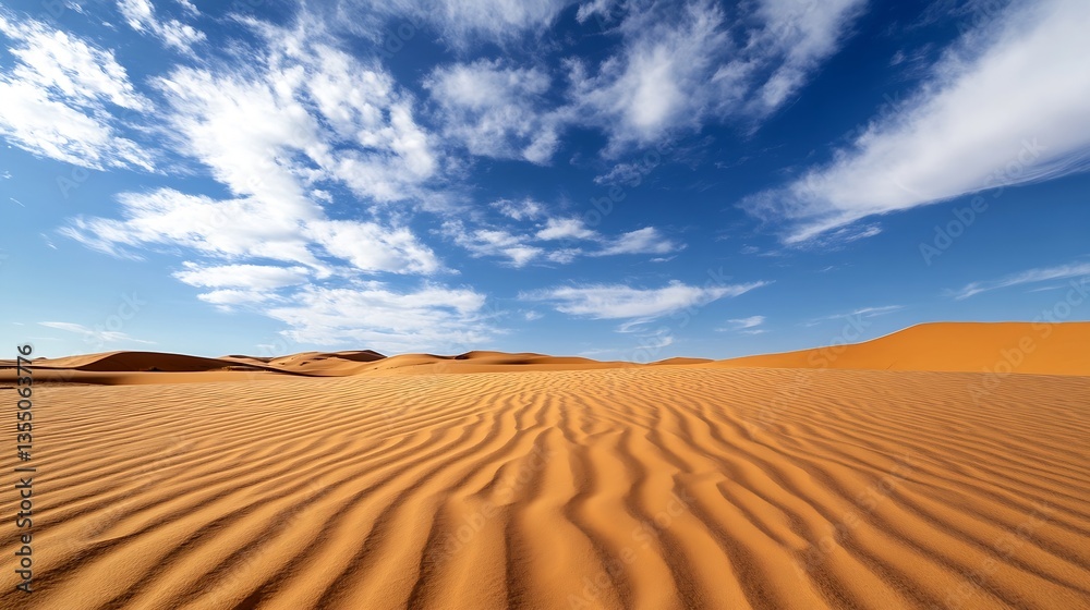 Poster Vast and Serene Sands of the Desert with Clear Blue Skies and Cloud Patterns : Generative AI