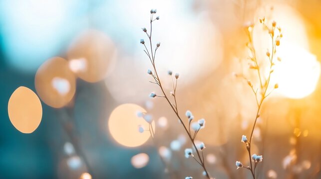 Delicate wildflowers illuminated by soft sunlight creating a beautiful bokeh effect in the background : Generative AI