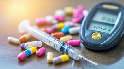 Medical Supplies: Diabetes Management with Pills, Syringe, and Glucose Meter