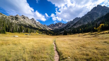 Obraz premium Stunning Mountain Landscape with a Path Leading Through Golden Grass and Majestic Peaks : Generative AI