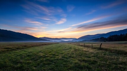 Tranquil Mountain Meadow at Dawn with Mist and Soft Morning Light : Generative AI