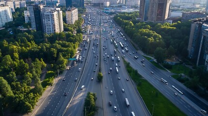 Aerial view of a busy urban highway surrounded by greenery and tall buildings : Generative AI