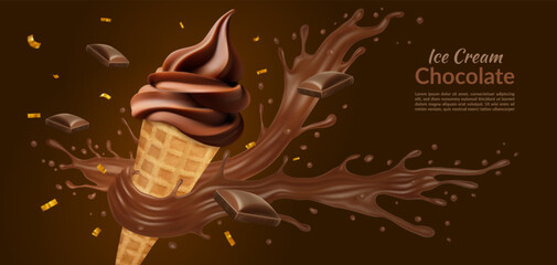 Chocolate ice cream. Choco icecream poster, 3d splash on cone package for frozen dessert. Realistic ad of delicious sundae. Summer sweet food. Vector cocoa milk product advertising banner
