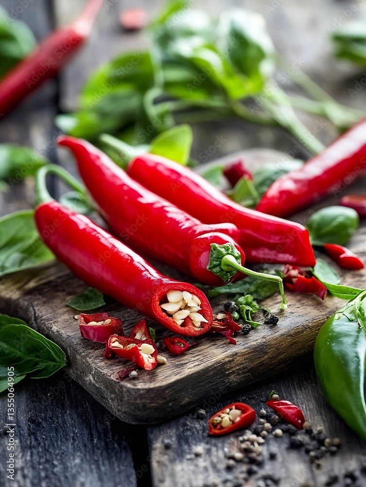 Aufkleber vibrant red chili peppers sliced open revealing seeds on a rustic cutting board surrounded by fresh 