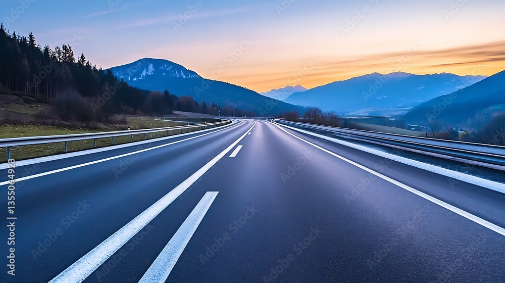 Aufkleber a scenic view of a winding road surrounded by mountains and forests under a colorful sunset sky : ge