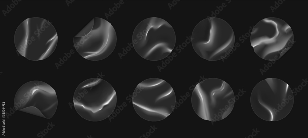 Poster transparent stickers. circle plastic round mockup. glass label effect. 3d adhesive clear glossy tags