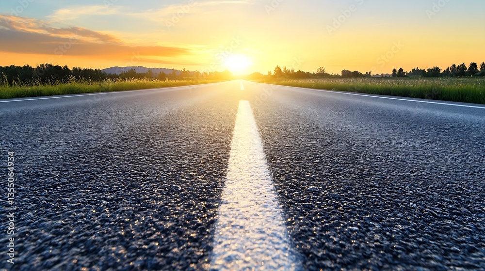 Aufkleber Open road leading towards a stunning sunset creating a sense of adventure and freedom in nature : Generative AI