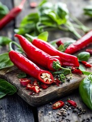 Vibrant red chili peppers sliced open revealing seeds on a rustic cutting board surrounded by fresh greens : Generative AI