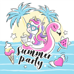 Fashion illustration drawing in modern style for clothes. Summer illustration. Beautiful unicorn on the beach.