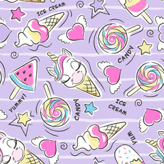 Beautiful purple seamless unicorn pattern. Cute ice cream pattern. Fashion illustration drawing in modern style for clothes. Art